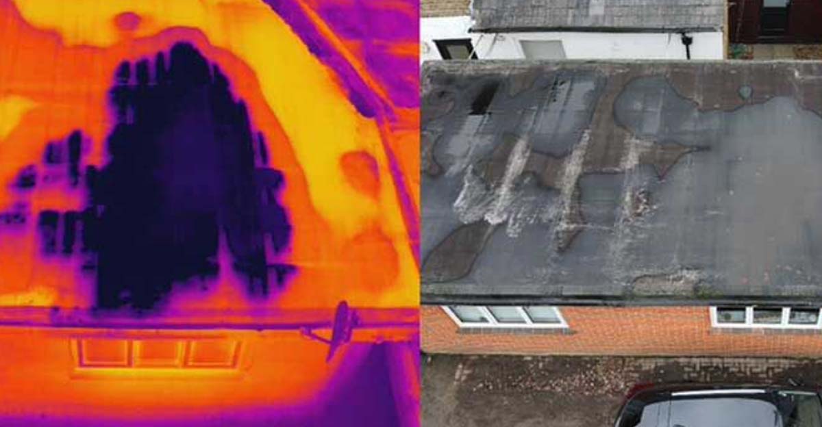 Thermal image showing temperature variations across a roof surface, highlighting areas of heat loss and insulation efficiency.  