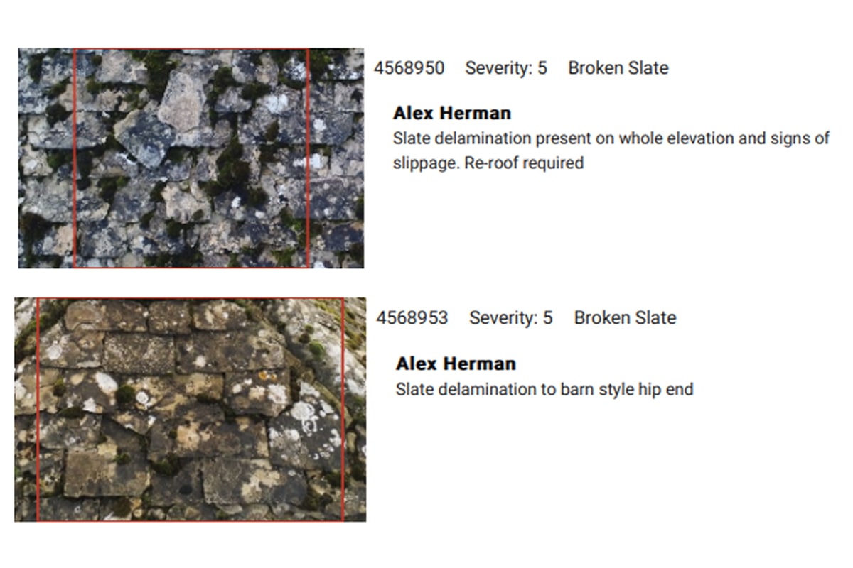 Example data from roof inspection report