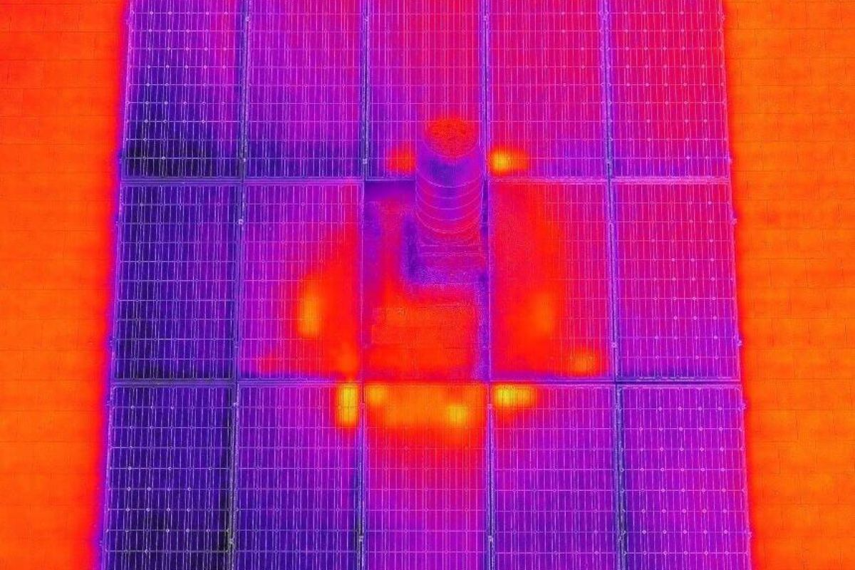 top view of a roof with solar panels on