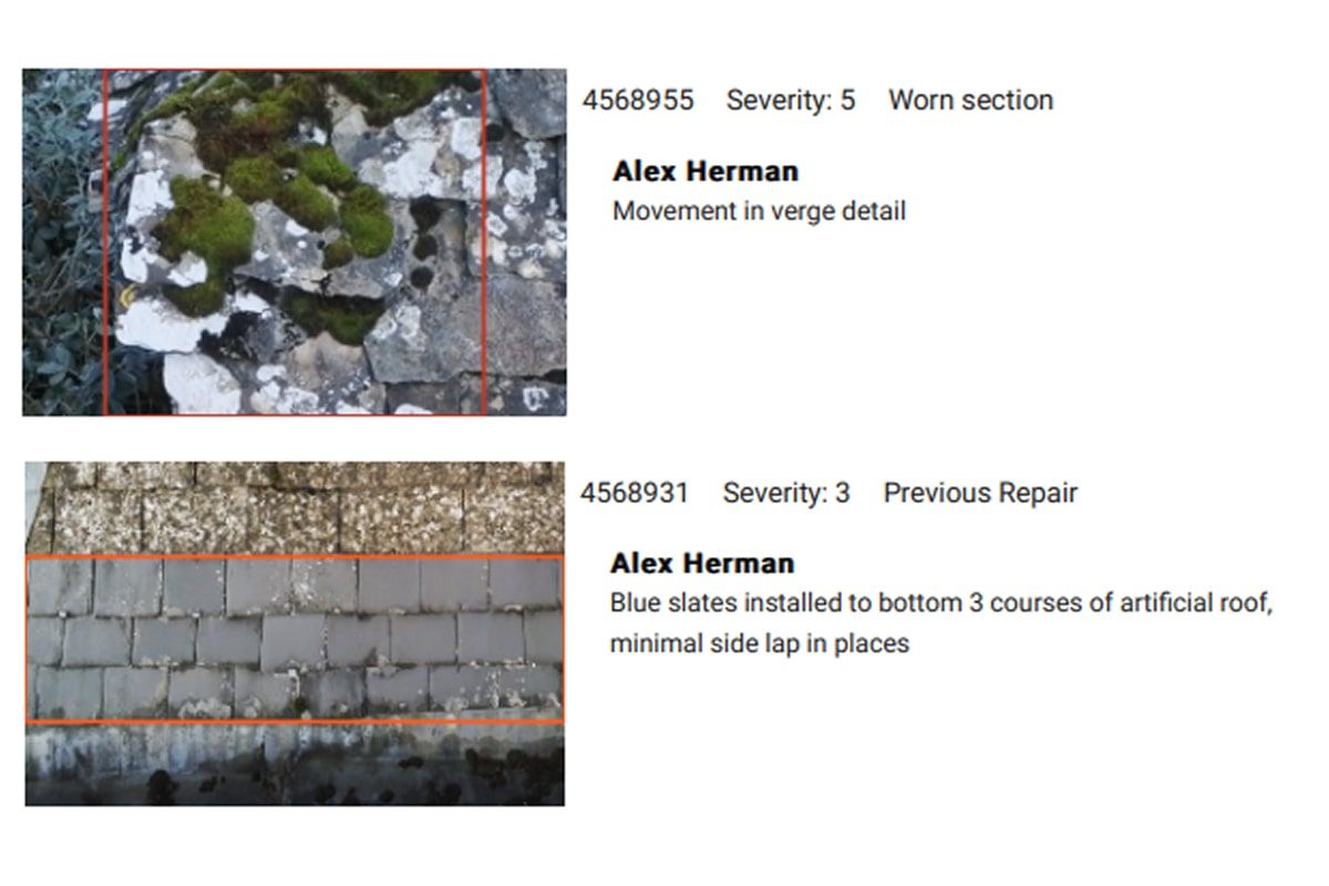 Example data from roof inspection report