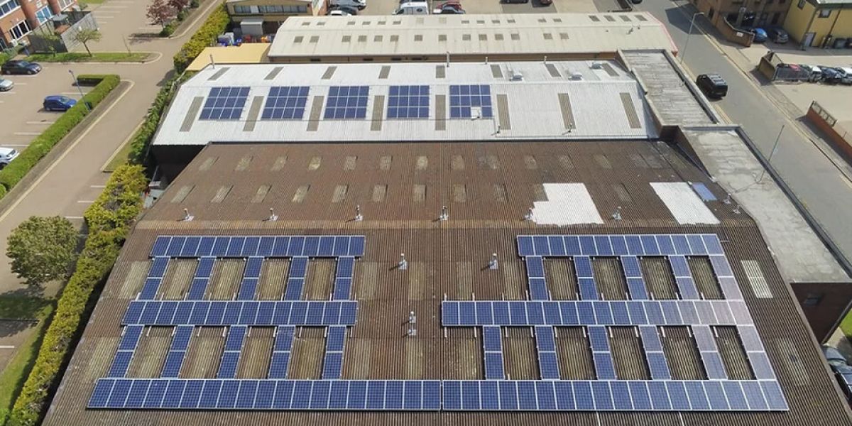 top view of a roof with solar panels on